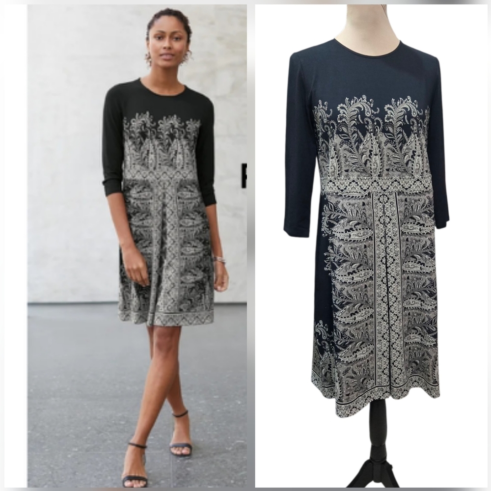 NWT J. Jill Wearever Collection Paisley Shift Black Gray Dress S